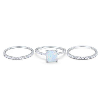 Princess Cut Wedding 3 Piece Ring Lab Created White Opal 925 Sterling Silver